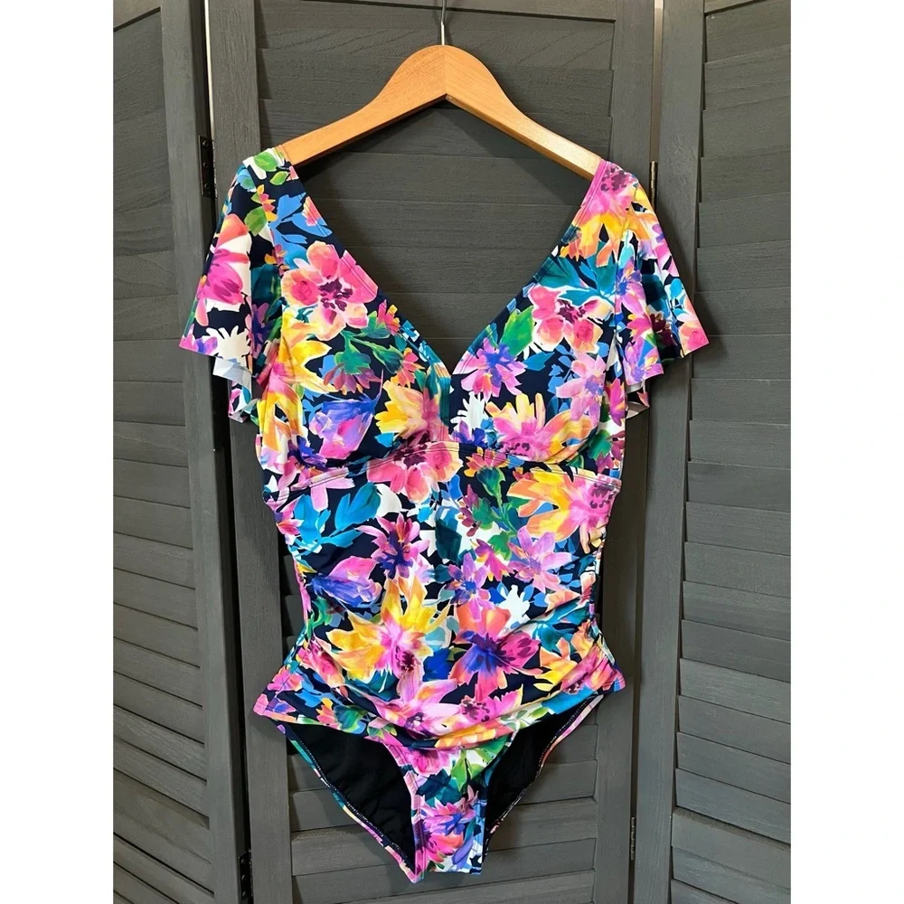 Swim Solutions Garden‎ Dreams Print Flutter Sleeve One-Piece Swimsuit Size 12 - Picture 4 of 7
